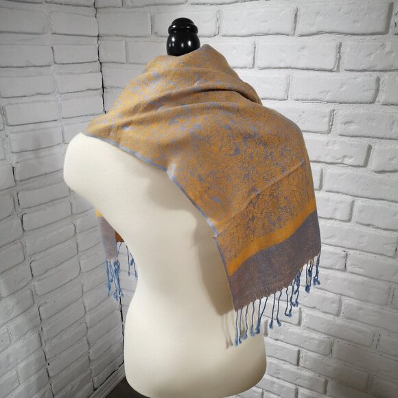 Pashmina Blue & Bronze Colored 100% Pashmina Scarf / Wrap with Fringes - Picture 3 of 4